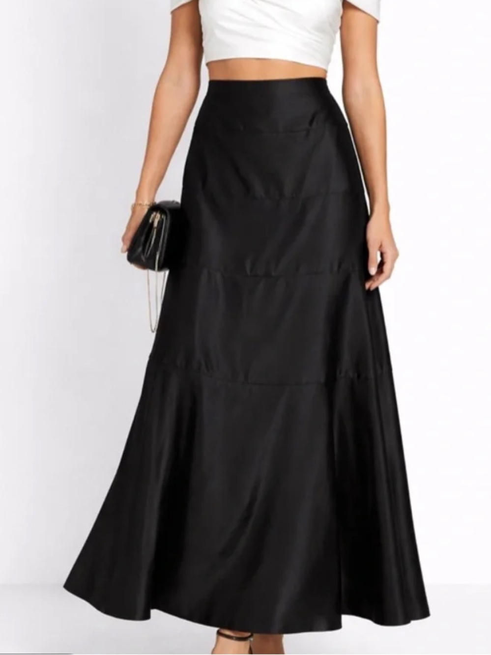 BCBG MAX AZRIA Black Satin Tiered Maxi High Waist Skirt